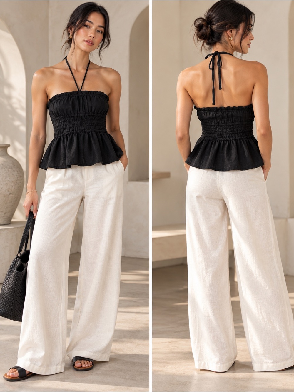 💎 Anthropologie Black Smocked Strapless Linen Halter Peplum Top M